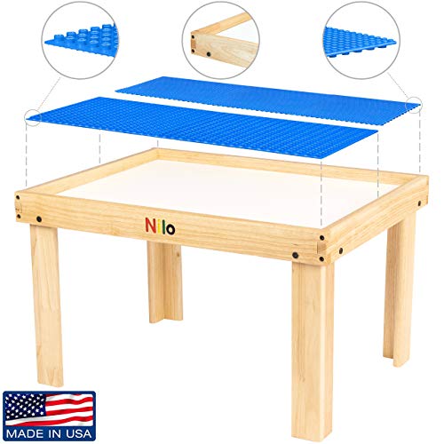 NILO Kids Play Table Set with 2 Compatible Lego Duplo Detachable Two-Sided Baseplates/Boards/Mats (N34 Activity Table without Holes, 24x32x20 and 2X Green Base Plates 12x32)