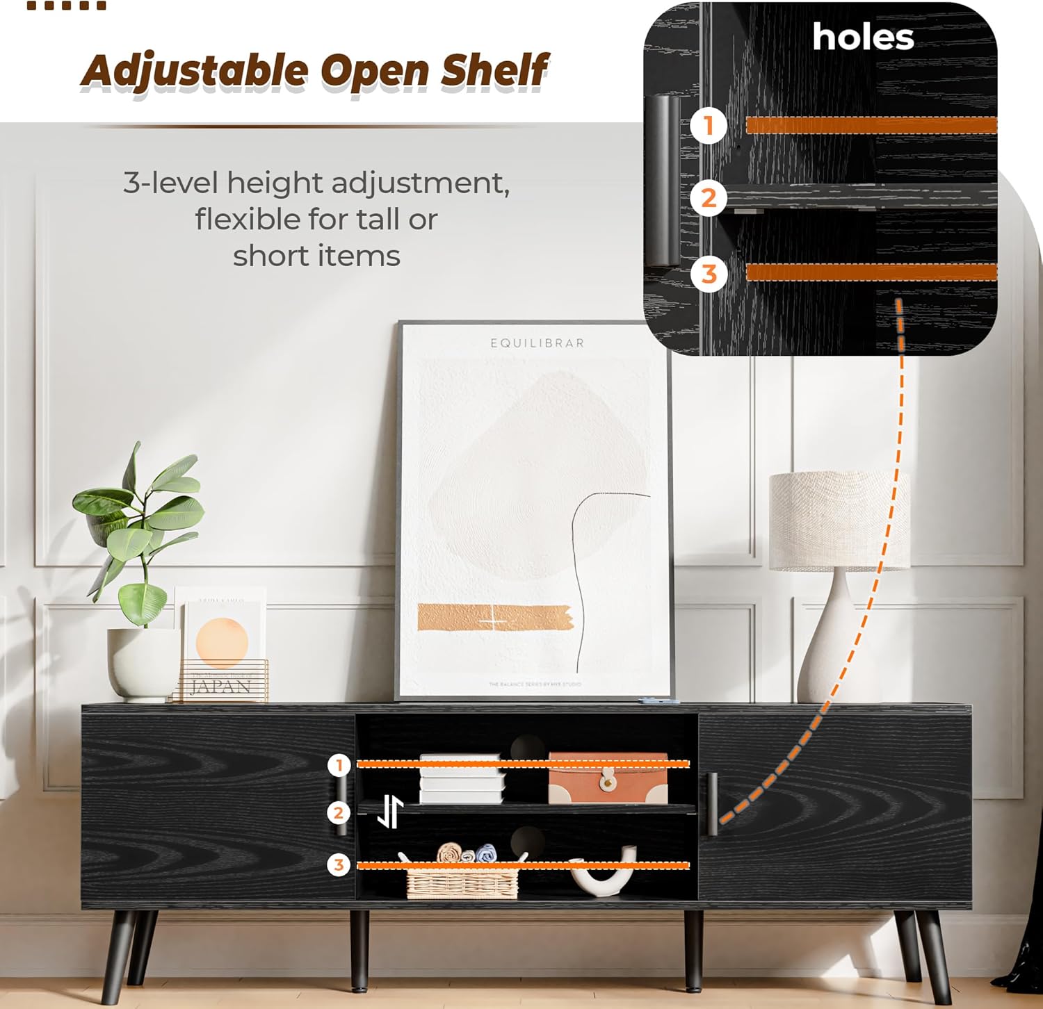 SUPERJARE TV Stand for 55 Inch TV, Entertainment Center with Adjustable Shelf, Huuger Night Stand with Charger Station, for Living Room, Bedroom, Black