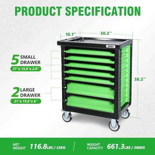 DNA MOTORING 7-Drawer Rolling Tool Cabinet Chest with Keyed Locking System Non-Slip Mat, for Garage Warehouse Workshop, Green, TOOLS-00399