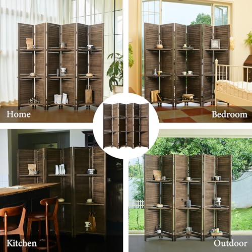 Room Divider with Shelves, 5.6 Ft Tall Folding Wood Screen with Double Hinges for Home Office Bedroom Hotel Decoration (6 Panels, Brown)
