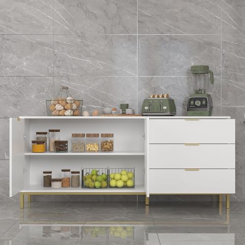 MOUMON Sideboard Storage Cabinet with Drawers and Doors, Credenza Sideboard Buffet, Gold Metal Frame Legs, for Kitchen Hallway White (62.9”W x 15.7”D x 27.5”H)