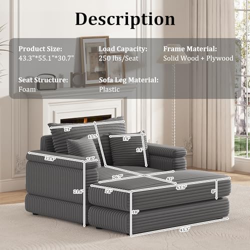 Corduroy Fabric Sofa Couch with 2 Ottomans, 86.6 Inch Width Oversize Loveseat, 3 Seater Comfy Cloud Couch for Living Room Bedroom Apartment-Grey