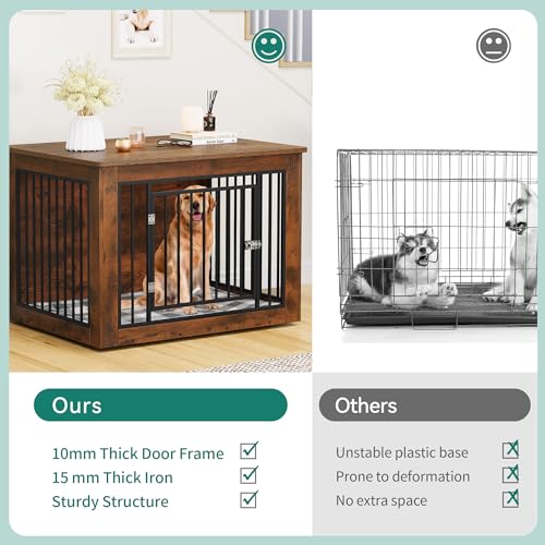 YITAHOME Dog Crate Furniture for Large Dogs, Side End Table, Modern Dogs Kennel Indoor up to 60 lb, 2-in-1 Iron-Wood Fusion Dog Cage with Waterproof Top, Safety Corners, Steel Lock,38"L, Rustic Brown