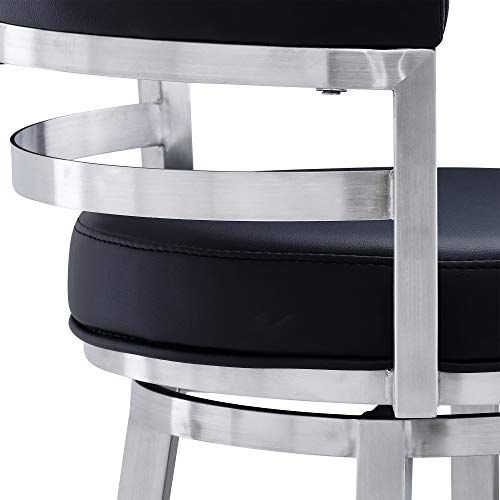 Armen Living Madrid 26" Counter Height Swivel Modern Gray Faux Leather and Brushed Stainless Steel Bar Stool for Kitchen Island Counter