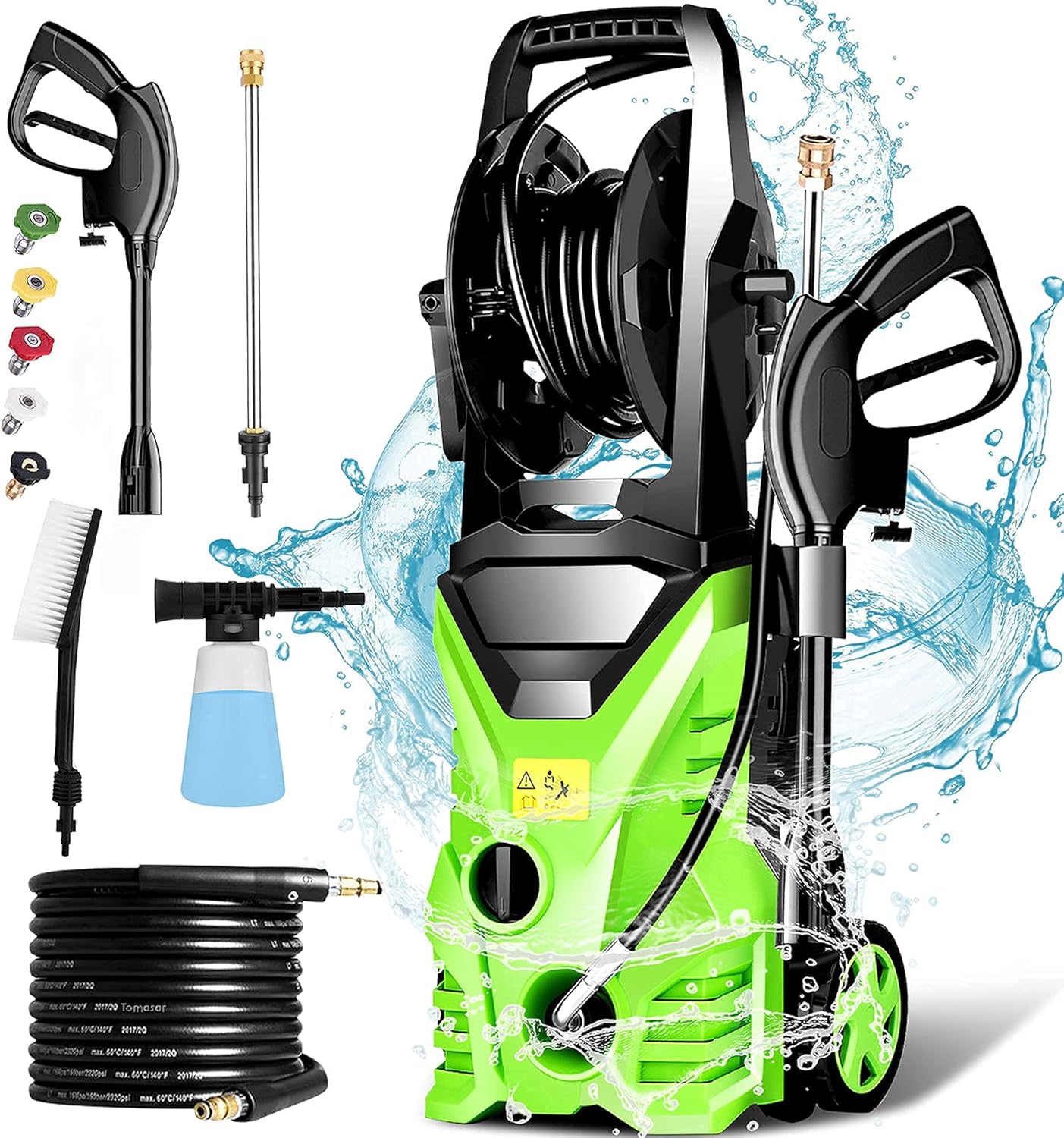 Homdox Pressure Washer 1.72 GPM Power Washer 1500W Electric Pressure Washer with 5 Nozzles,Hose Reel for Cars,Porch,Furniture,Side,Patio (Green)