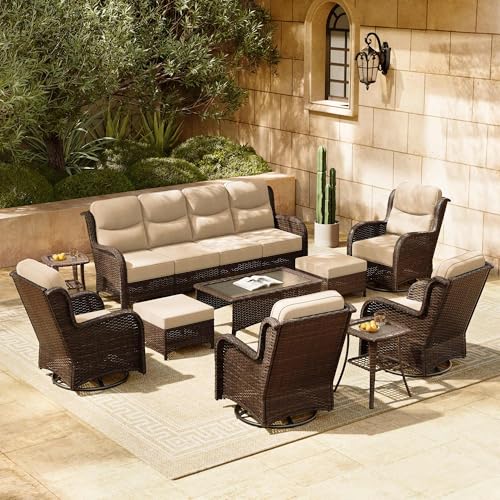 Luxury Patio Furniture Set with 6-inch Thick Cushion, Outdoor Couch and High Back Swivel Rocker Patio Chairs, 7PCS Wicker Conversation Set for Deck, Yard, and Poolside in Blue (V2)