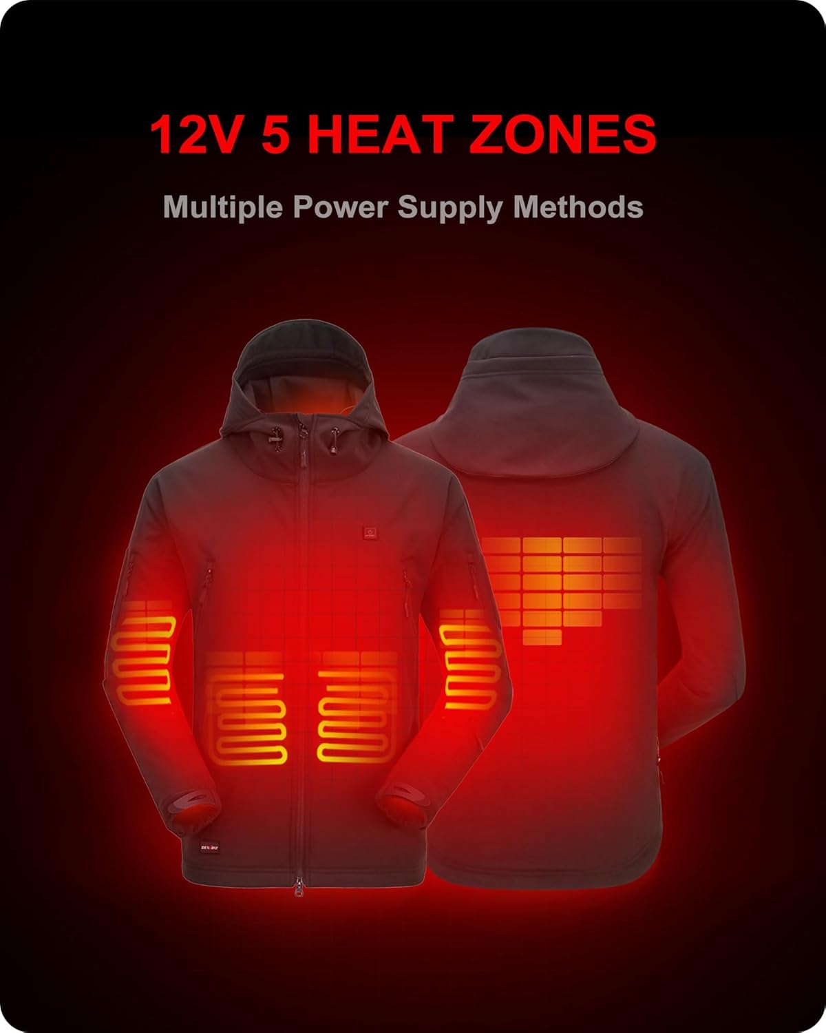 DEWBU Heated Jacket for Men with 12V Battery Pack Winter Outdoor Soft Shell Electric Heating Coat, Men's Grey, L