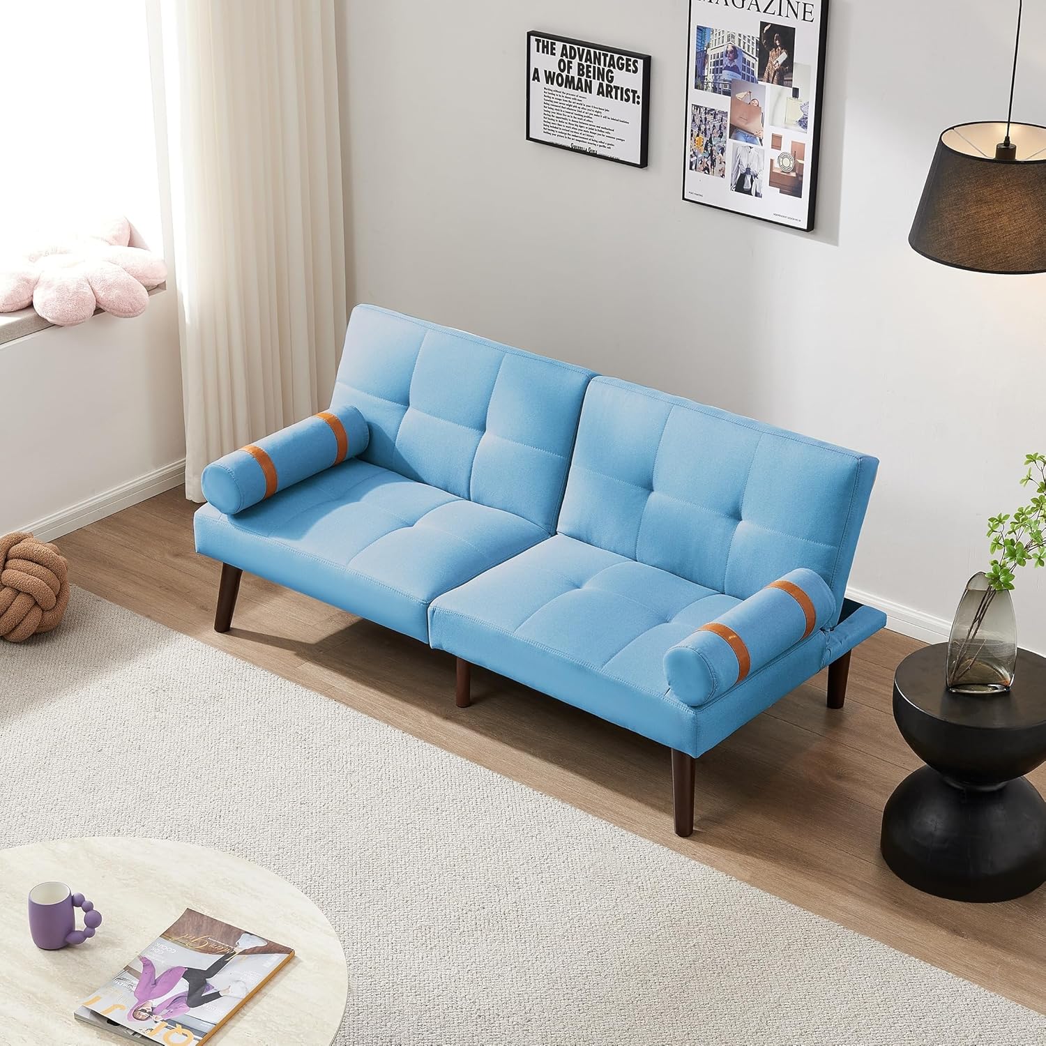 Linen Futon Sofa Loveseat Convertible Sleeper Bed with Solid Wood Legs Adjustable Backrests for Living Room Blue Lake House Modern Contemporary Fabric