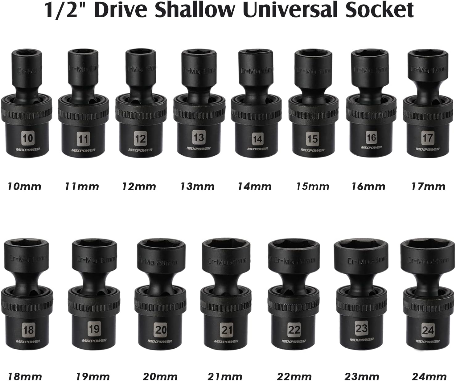 MIXPOWER 10-piece 3/8" Drive Shallow Universal Impact Socket Set, Metric,10-19mm, Swivel Socket with Flexible Wobble, CR-MO