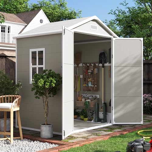 UDPATIO Outdoor Resin Storage Shed 6x4.5 FT, Plastic Garden Shed for Bike, Garbage Can, Tool, Outside Sheds with Lockable Door for Backyard, Patio, Lawn, Grey & White