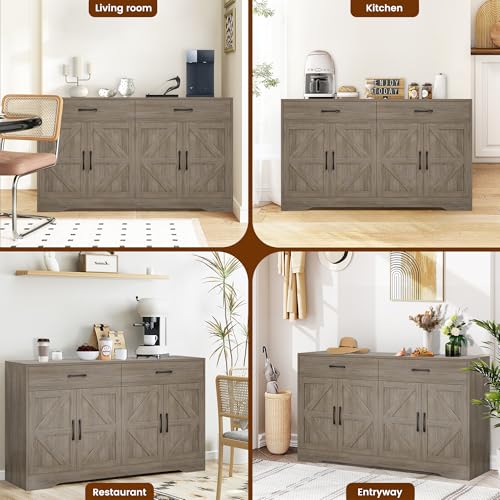 55" Sideboard Buffet Cabinet with Storage, Large Kitchen Storage Sideboard with Drawers & Doors, Modern Wood Farmhouse Coffee Bar Cabinet, Buffet Table for Kitchen, Dining Room, Living Room, White
