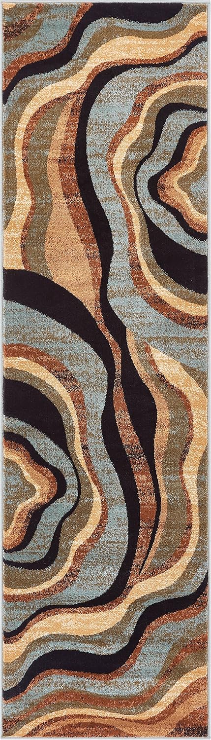 Hudson Waves Blue Brown Geometric Modern Casual Area Rug 8x10 8x11 ( 7'10" x 9'10" ) Easy to Clean Stain Fade Resistant Shed Free Abstract Contemporary Natural Lines Multi Soft Living Dining Room Rug