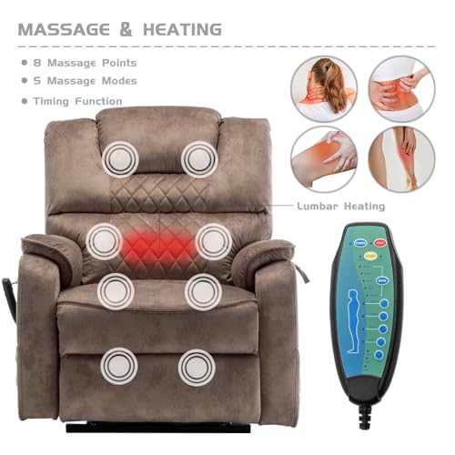 Oversized Power Lift Recliner Chair for Elderly with Massage Heat, Brown Velvet Electric Lay Flat Recliners with Cup Holders, Side Pockets, Infinite Position, Gift for Family