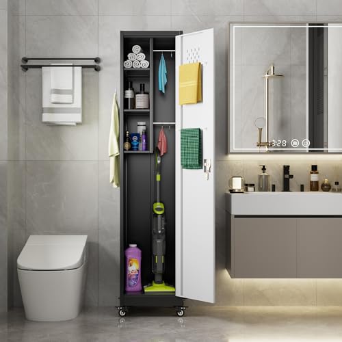 Aobabo 71" H×34" W×18" D Garage Metal Storage Cabinet with Wheels, Locking Steel Storage Cabinet with 5 Shelves and 4 Hooks, for Home Office, School, Assembly Required, Black Silver