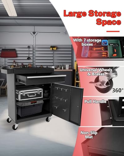 Heavy-Duty 7-Drawer Rolling Tool Chest with Wheels, Steel Tool Storage Cabinet with Lock & Liner for Workshop for Workshop/Garage - Includes 7 Organizer Boxes, Black