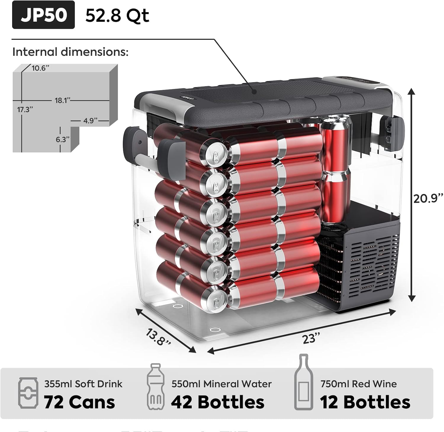 ICECO JP50 Portable Refrigerator Fridge Freezer, 12V Cooler Refrigerator, 50 Liters Compact Refrigerator with Secop Compressor, for Car & Home Use, 0℉～50℉, DC 12/24V, AC 110/240V