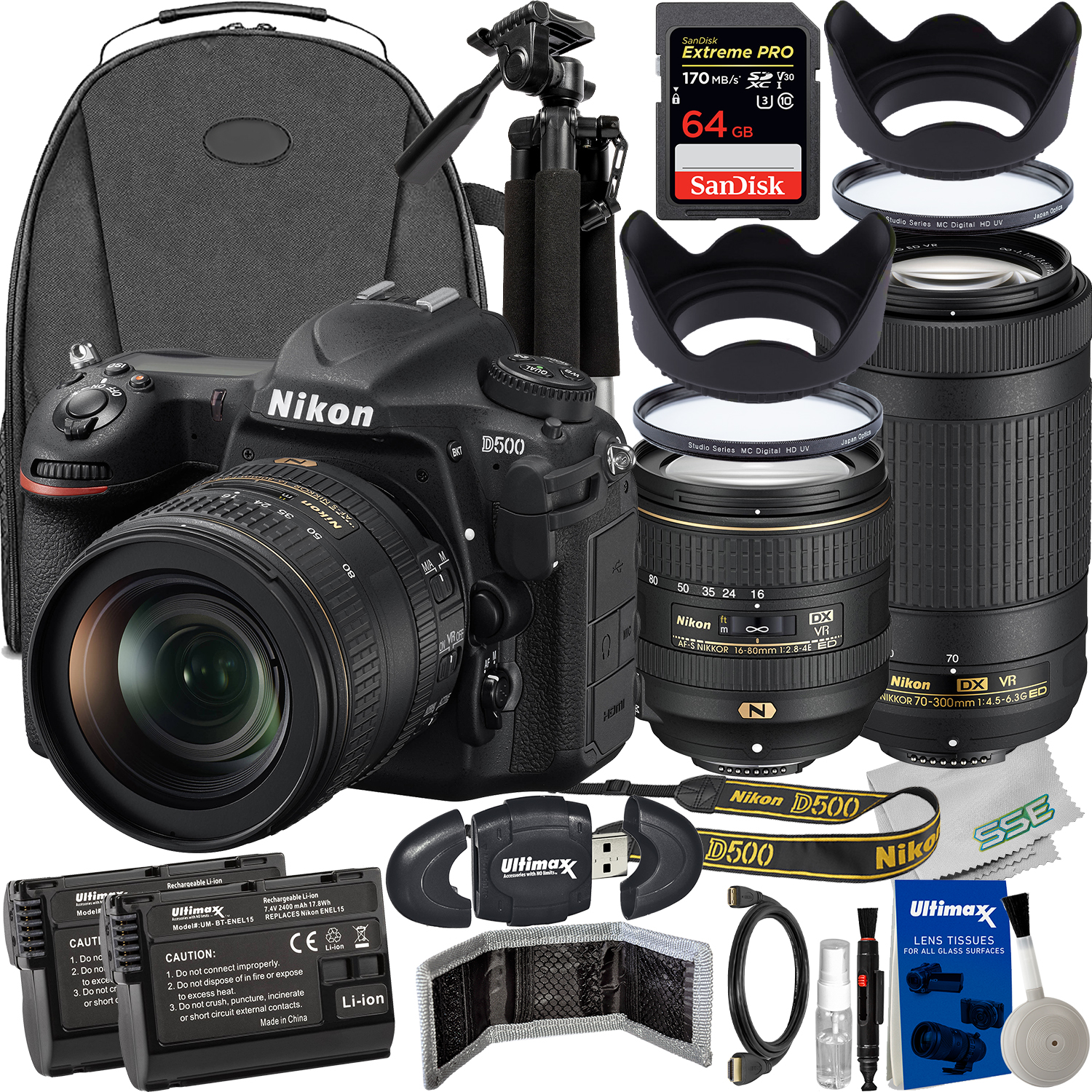 Nikon D500 DSLR Camera with 16-80mm & 70-300mm Lenses + Advanced Accessory Bundle: SanDisk 64GB Extreme Pro SDXC, Multi-Coated UV Filter, 2x Spare Batteries & Much More (32pc Bundle)