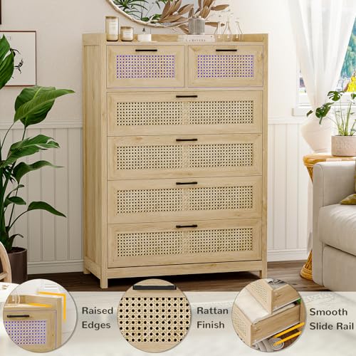 Rattan Dresser for Bedroom with LED Lights, Modern 6 Drawer Dresser with Metal Handles, Wood Storage Chest of Drawers Dresser for Closet, Bedroom, Living Room, Hallway