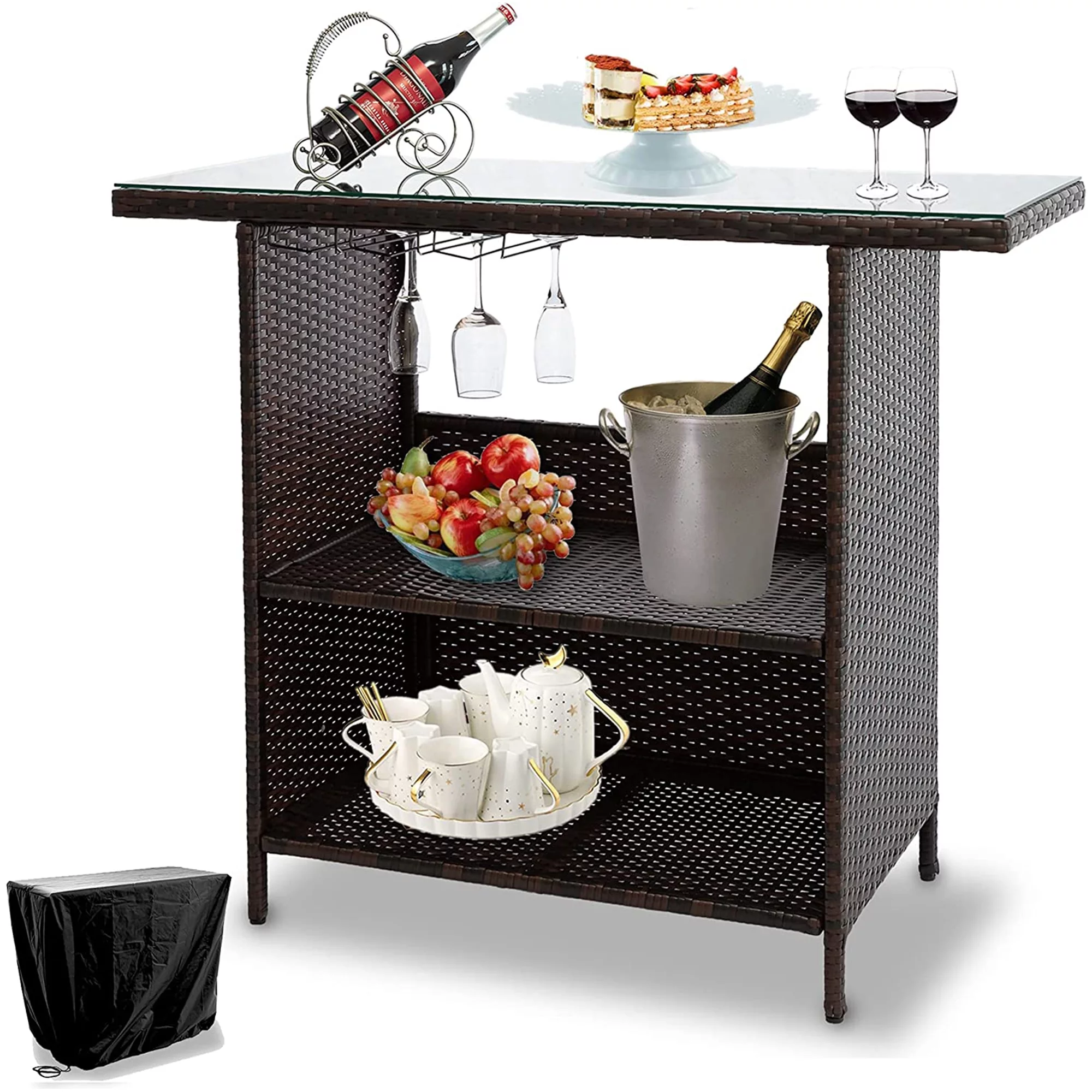 Outdoor Patio Rattan Wicker Bar Counter Table Tempered Glass Tabletop w/ Waterproof Cover,2 Steel Shelves,3 Sets of Rails