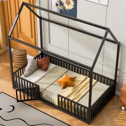 Merax Twin Size Montessori Floor Bed, Metal House Bed Frame with Roof for Kids, Teens, Girls, and Boys, No Box Spring Needed, Black