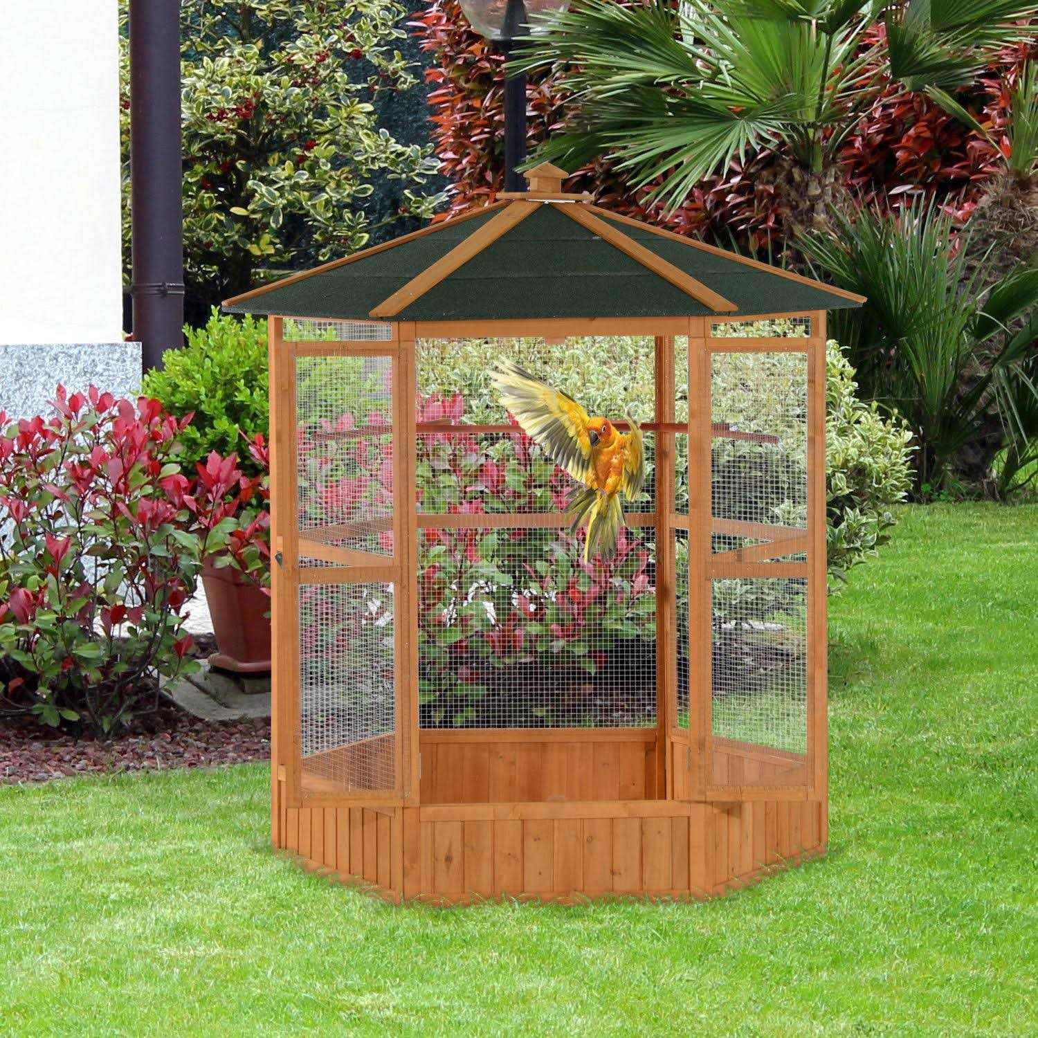 PawHut 69 Large Wooden Hexagonal Outdoor Aviary Flight Bird Cage With Covered Roof - Pet Supplies online store