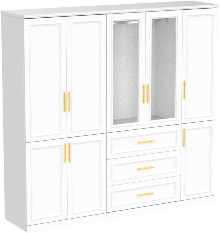 ECACAD Extra Wide Wardrobe Armoire with 8 Doors, Drawers, Storage Shelves & Hanging Rods, Wooden Closet Storage Cabinet for Bedroom, White (79.1”W x 19.3”D x 74.8”H)