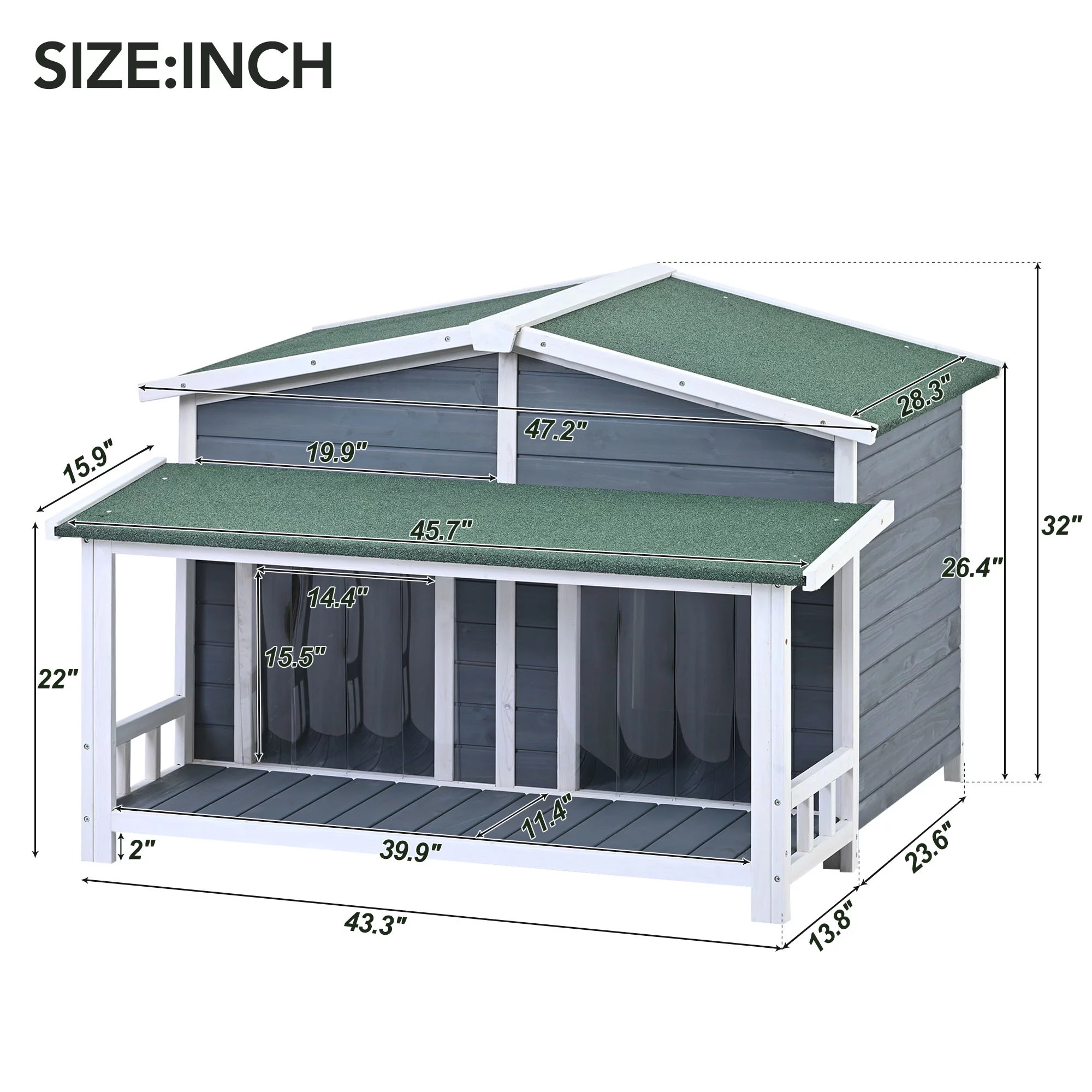 Soges 47" Large Wooden Dog House Outdoor, Pet Log Cabin Home With Porch Deck for Large/Medium Dogs, Gray&Green