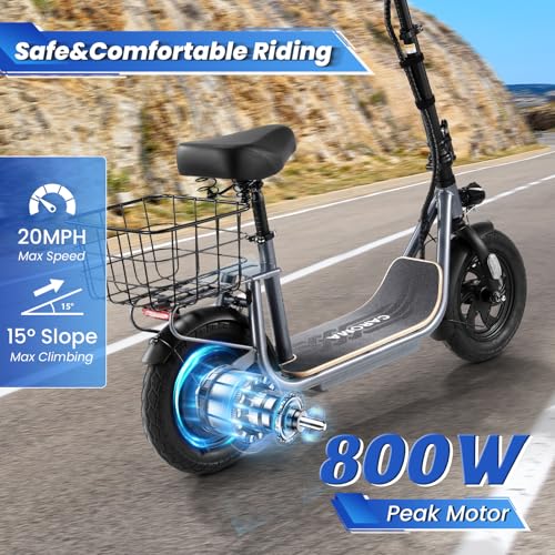 Caroma Peak 800W/1200W Electric Scooter Adults, 30 Miles Max Range, Foldable Electric Scooter with Seat, Front Suspension, Detachable Large Basket,Commuter E-Scooter for Adult and Teens