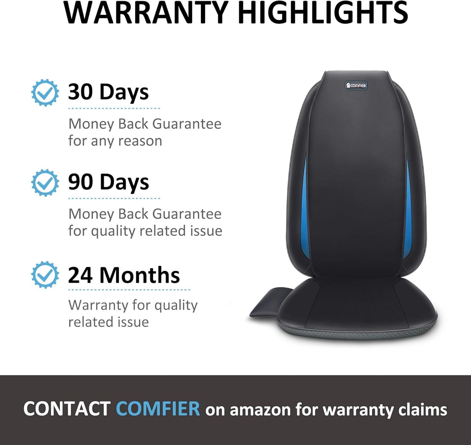 Comfier Shiatsu Back Massager with Heat -Deep Tissue Kneading Massage Seat Cushion, Massage Chair Pad for Full Back, Electric Body Massager for Home or Office Chair use