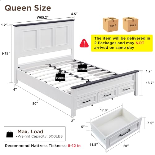 Farmhouse Full Size Bed Frame with 52" Tall Full-Panel Headboard & Footboard, Full Platform Bedframe with Storage Drawers, Wood Panel Bed Base, No Squeak, No Box Spring Needed, Light Brown