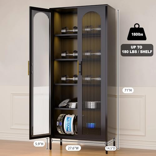 71” Tall Curio Cabinet, Display Cabinet with Glass Doors and Lights, Metal Kitchen Pantry Cabinet, Hutch Cabinet with Adjustable Shelves, China Cabinet for Dining Room, Living Room, Black