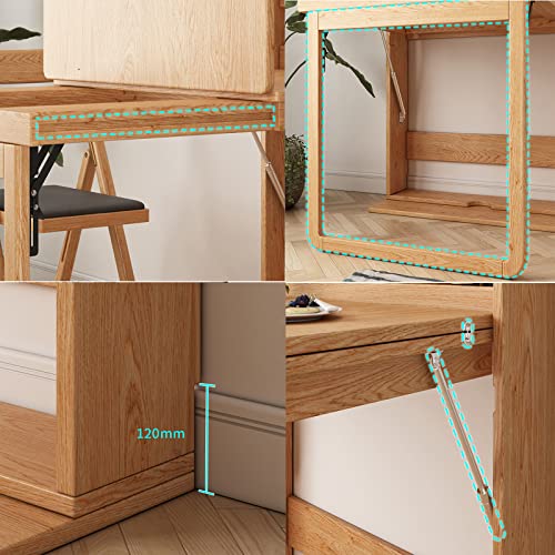 Wall Mounted Dining Table with Storage Shelf & Fold Out Desk for Small Apartment - Space Saving Wooden Extendable Table for Dining Room & Kitchen