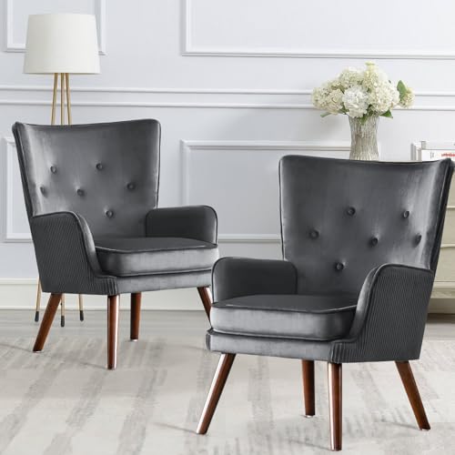Wingback Velvet Accent Chairs, Mid Century Modern Arm Chair Tufted Button Armchair, Comfy Upholstered Club Lounge Sofa Reading Chair with Solid Wood Legs for Living Room, Bedroom, Blue