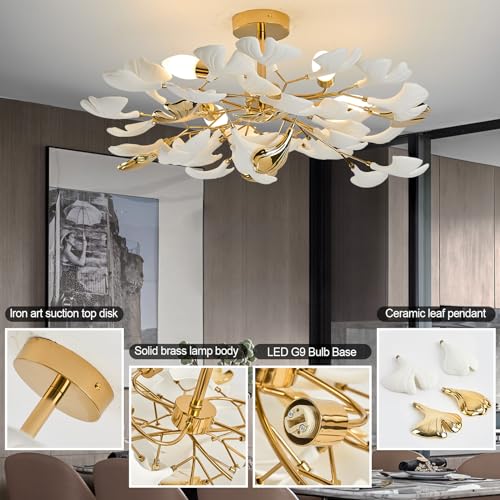 Bedroom Chandelier Ceiling Light, Gold Ceramic Ginkgo Leaf Chandeliers Brass Semi Flush Mount Chandelier Light Fixture for Kitchen Living Room Dining Room, 24" Ceiling Light Fixture