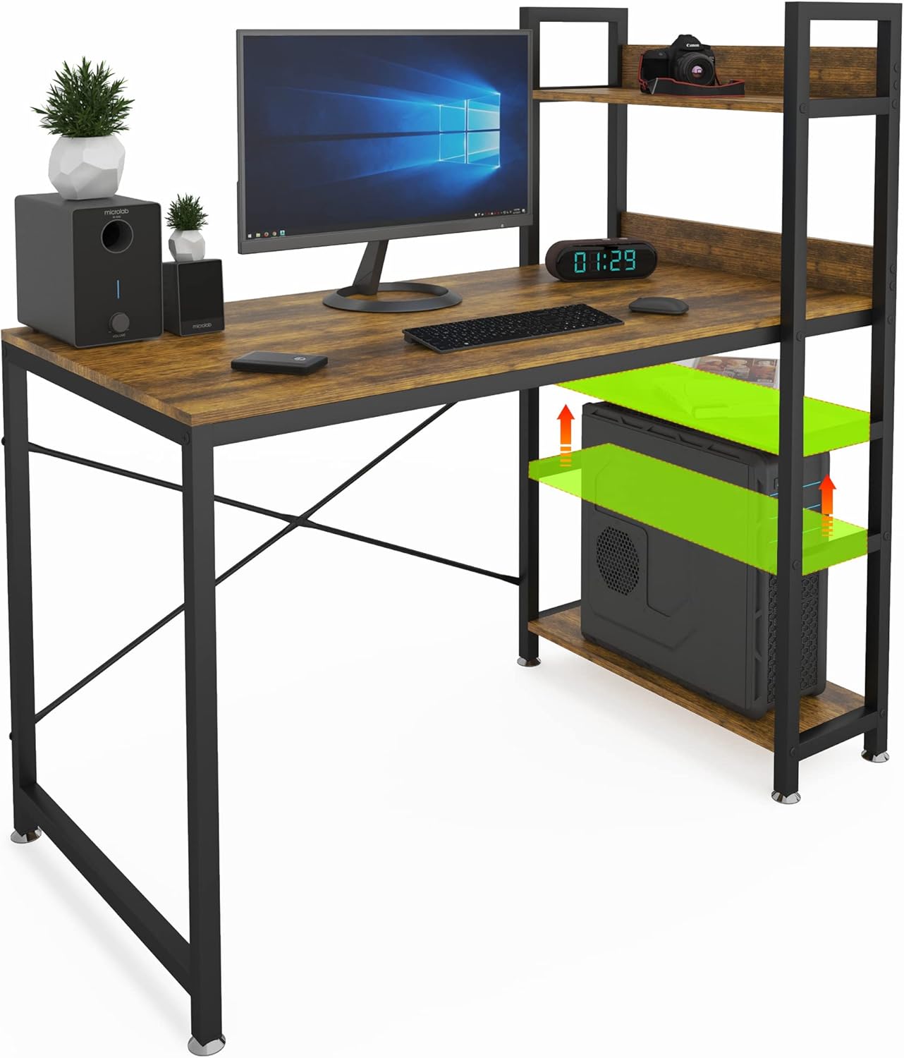 JSungo Computer Desk with 4 Tiers Shelves, 47 Inch Sturdy Table with Reversible Bookshelf for Home Office, Study Tower Desk for Small Space, Industrial Modern Style, Black