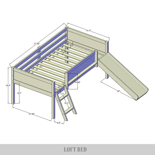 Low Loft Bed with Slide, Climbing Ladder, Chalkboard, Wood Twin Loft Bed Frame with Guardrail for Kids Toddler Boys Girls, Antique Gray