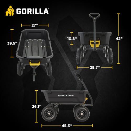Gorilla Carts Heavy-Duty Dump Cart, Patented Quick-Release Dumping, Steel Frame, 600 lb Capacity, No-Flat 10-Inch Tires, Utility Wagon for Garden, Yard, Beach