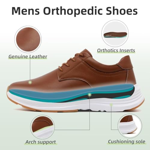 OrthoComfoot Mens Orthopedic Leather Dress Shoes, Comfortable Arch Support Walking Shoes for Plantar Fasciitis, Orthotic Non-Slip Casual Thick Sole Sneakers for Foot and Heel Pain