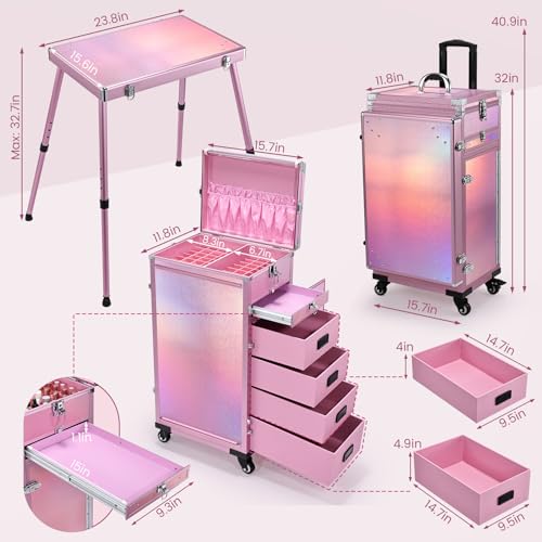 Joligrace Rolling Manicure Table Makeup Case Foldable Nail Desk 5 Drawers Cosmetology Case on Wheels with Brush Pouch for Technician Workstation Mobile Makeup Artist Trolley, Black