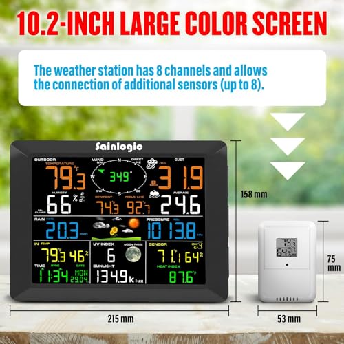 Sainlogic Home10-in-1 WiFi Smart Weather Station with Outdoor 7-in-1 Sensor, Internet Wireless Weather Station Remote Monitoring System, 8.3 Inch Color Display with Rain Gauge, Temperature