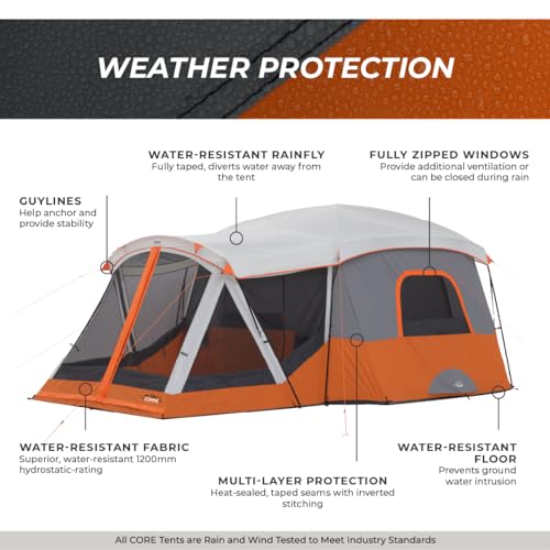 CORE Tent for Family Camping | 10 Person / 11 Person / 12 Person Large Multi Room Cabin Tents for Car Camping & Outdoor Adventures