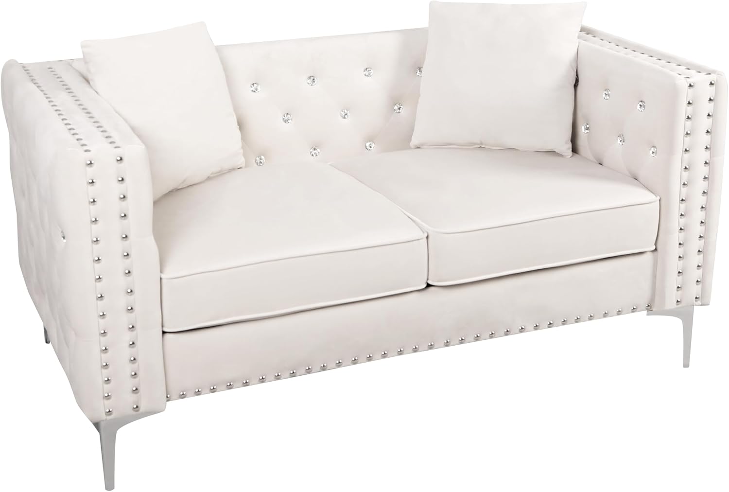 2 Piece Modern Velvet Living Room Set with Sofa and Loveseat,Jeweled Button Tufted Copper Nails Square Arms,4 Pillows Included,Beige,4 colors