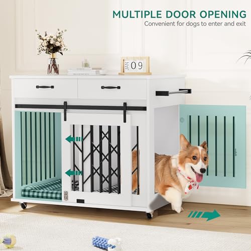 YITAHOME Dog Kennel Furniture for 2 Dogs, 39 inch Double Dog Crate with Storage Drawers, Indoor Wooden Dog House Heavy Duty for 2 Small Medium Dogs, Brown
