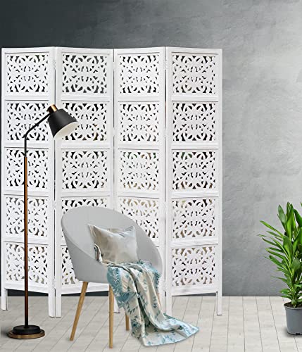 Room Divider Wood Screen - Ghanti Bells Antique Brown - 4 Panel Folding 72 x 80 - Assembled Hand Carved Decorative Functional Versatile Portable Partition Reversible Privacy Boho - COTTON CRAFT