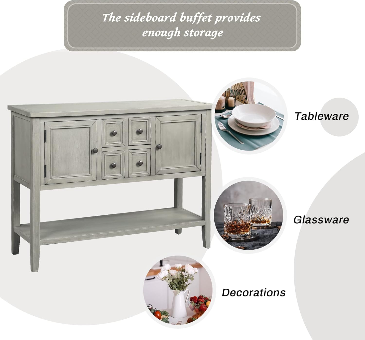 Farmhouse Vintage Console Table Sofa Table with 4 Drawers and Bottom Shelf, Solid Wood Buffet Sideboard Storage Cabinet for Entryway Living Room Kitchen Dining Room (Antique Gray)