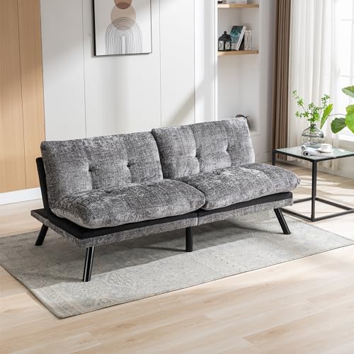 Convertible Futon Sofa Bed, Modern Folding Sleeper Loveseat, Polyester Fabric Memory Foam Adjustable Lounge Couch for Compact Living Space, Dark Gray