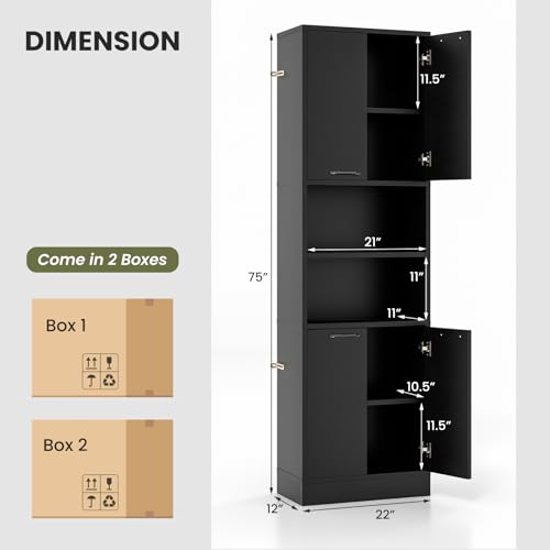 Tangkula 75" Tall Bathroom Storage Cabinet, Bathroom Floor Cabinet with 4 Doors & 2 Open Shelves, 4 Anti-toppling Devices, Freestanding Large Cabinet for Bathroom Living Room Kitchen (White, 75" H)