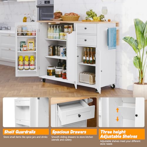 HLR Kitchen Island with Storage, Rolling Kitchen Island on Wheels with Drop-Leaf Bar Countertop, Island Table for Kitchen with Side Open Spice Rack and Tower Rack, Extra Storage for Kitchen