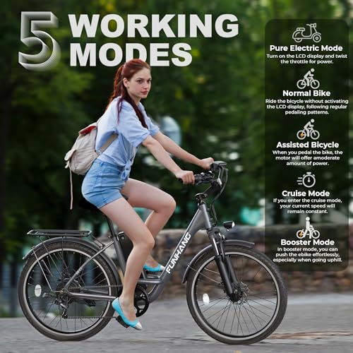 Electric Bike for Adults, 26" 1000W Peak City Cruiser Ebike, 21.7MPH 50 Miles Commuter Electric Bicycle with 48V 374.4WH Removable Li-ion Battery, Adjustable Stem, Rear Rack, Fenders, 7-Speed