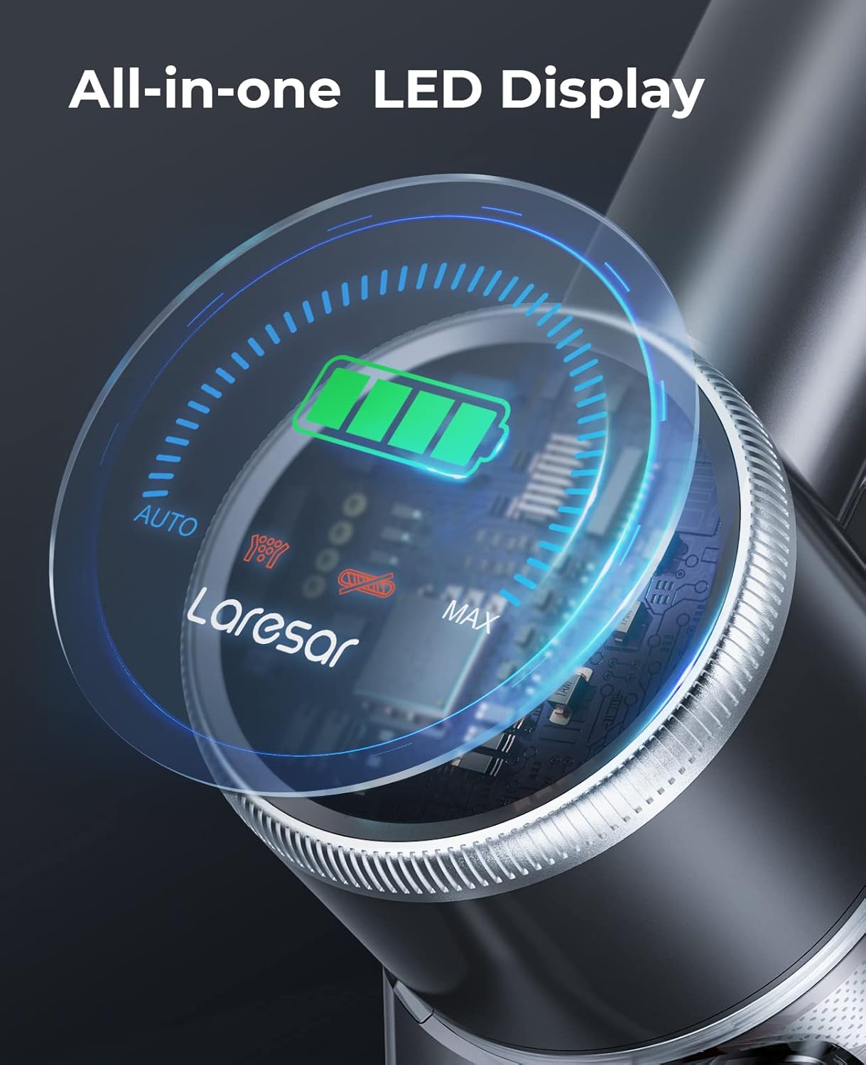 Laresar Cordless Vacuum Cleaner, 33Kpa Stick 400W Handheld with Mechanical Knob & LED Screen, Headlights, Up to 55Mins, Suitable for Carpet, Pet Hair, Hardwood Floor (Elite 5)